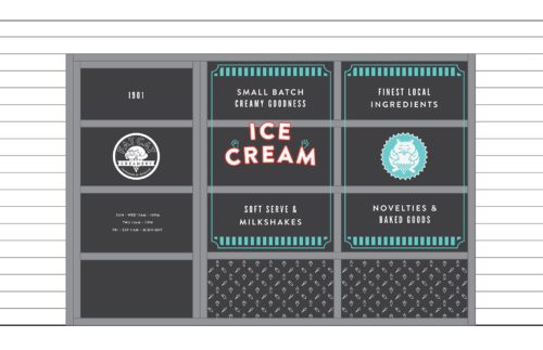 Front window graphics for Fat Cat Creamery | Designed by Field of Study: A branding and graphic design consultancy | Houston TX | Jennifer Blanco & John Earles