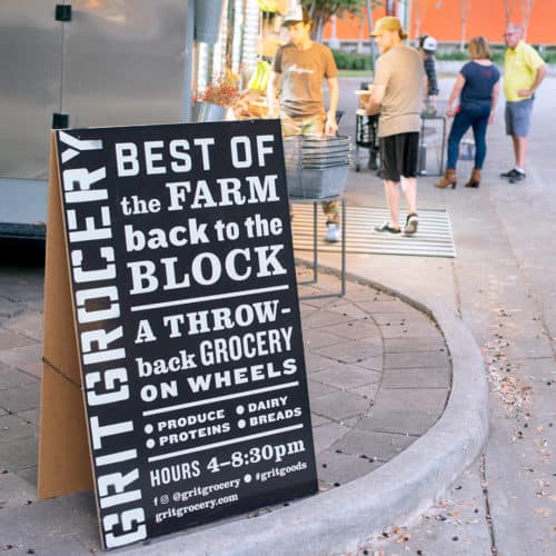 Portable A frame signage for Grit Grocery | Designed by Field of Study: A branding and graphic design consultancy | Houston TX | Jennifer Blanco & John Earles