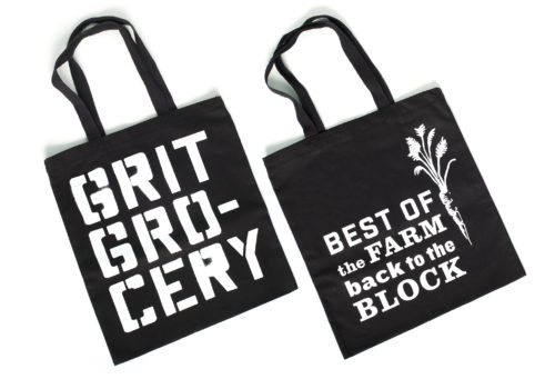 Silkscreened reusable tote bags for Grit Grocery | Designed by Field of Study: A branding and graphic design consultancy | Houston TX | Jennifer Blanco & John Earles