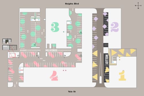 Branding, environmental graphics, signage, and wayfinding for Heights Mercantile, Houston, Texas | Field of Study: A Design & Branding Consultancy