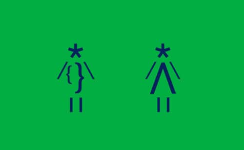 Typographic restroom signage icons for Interabang Books, Dallas | Designed by Field of Study: A branding and graphic design consultancy | Houston TX | Jennifer Blanco & John Earles