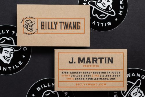 Letterpress printed business cards for Billy Twang Mercantile, Los Angeles, CA | Designed by Field of Study: A branding and graphic design consultancy | Houston TX | Jennifer Blanco & John Earles