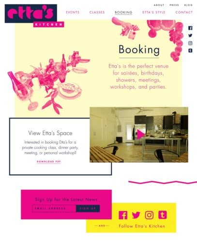 Booking page, brand development, website design and development, graphic design, and marketing collateral for Etta's kitchen | Designed by Field of Study: A branding and graphic design consultancy | Houston TX | Jennifer Blanco & John Earles