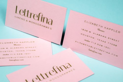 Foil stamped business cards for Lettrefina Linens & Monogrammes | Designed by Field of Study: A branding and graphic design consultancy | Houston TX | Jennifer Blanco & John Earles
