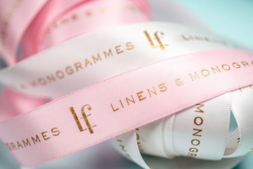 Custom foil stamped ribbon for Lettrefina Linens & Monogrammes | Designed by Field of Study: A branding and graphic design consultancy | Houston TX | Jennifer Blanco & John Earles