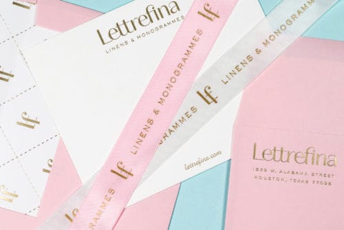 Foil stamped stationery and custom ribbons for Lettrefina Linens & Monogrammes | Designed by Field of Study: A branding and graphic design consultancy | Houston TX | Jennifer Blanco & John Earles