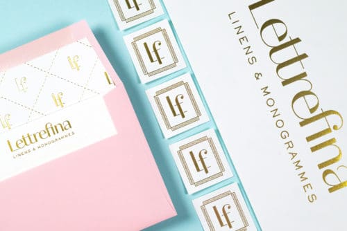 Stationery, envelopes, and foil stamped stickers for Lettrefina Linens & Monogrammes | Designed by Field of Study: A branding and graphic design consultancy | Houston TX | Jennifer Blanco & John Earles