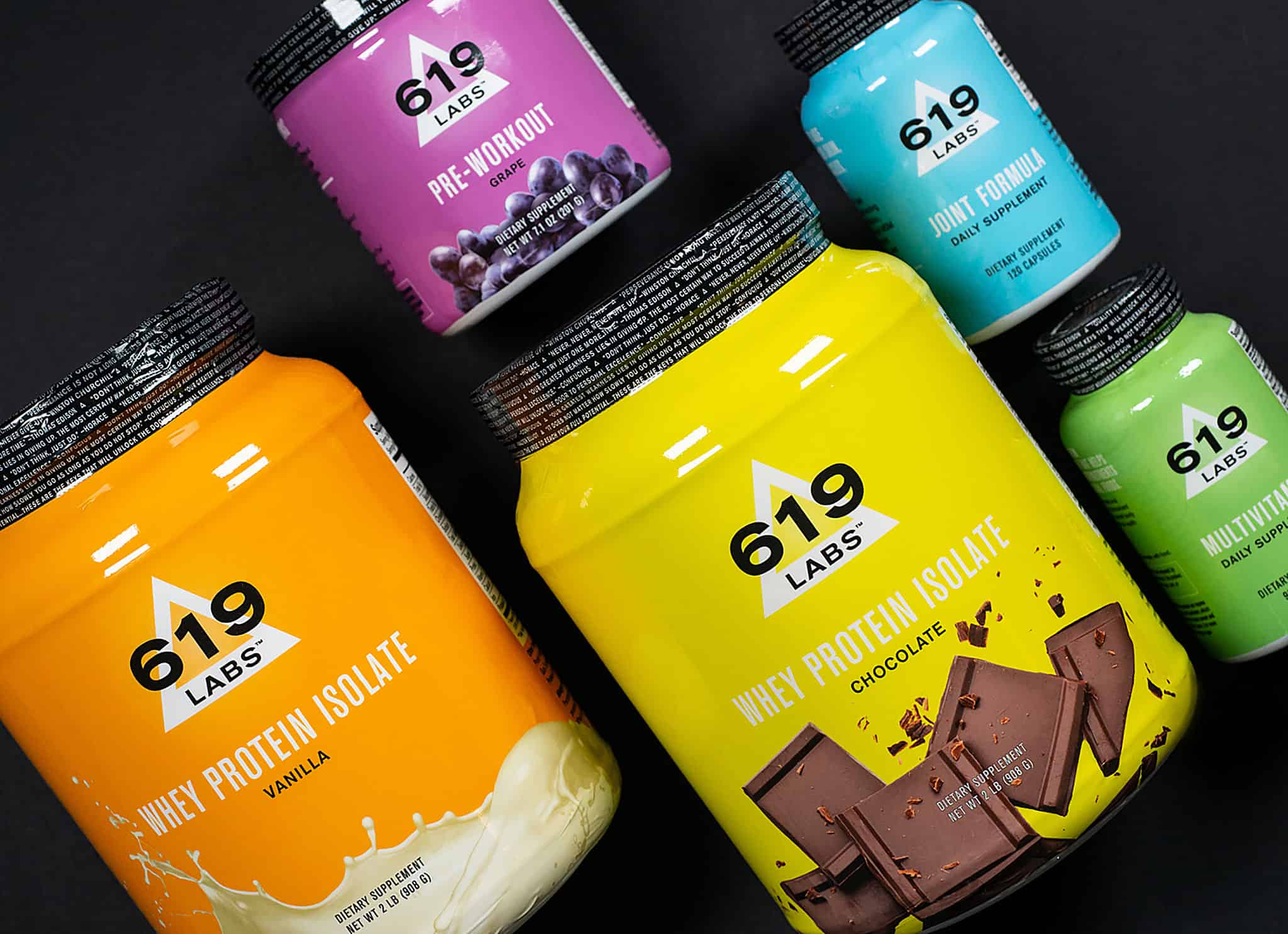 Custom packaging, graphic design, and branding for 619 Labs fitness and nutritional supplements, full product line | Designed by Field of Study: A branding and graphic design consultancy | Houston TX | Jennifer Blanco & John Earles