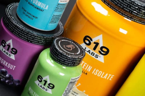 Custom packaging, graphic design, and branding for 619 Labs fitness and nutritional supplements, full product line | Designed by Field of Study: A branding and graphic design consultancy | Houston TX | Jennifer Blanco & John Earles