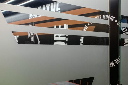 Etched glass divider for Breathe Moore Training | Designed by Field of Study: A branding and graphic design consultancy | Houston TX | Jennifer Blanco & John Earles