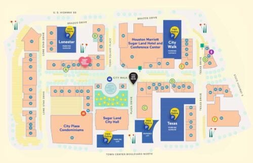 Sugar Land Town Square Texas branding, map, and signage by Field of Study