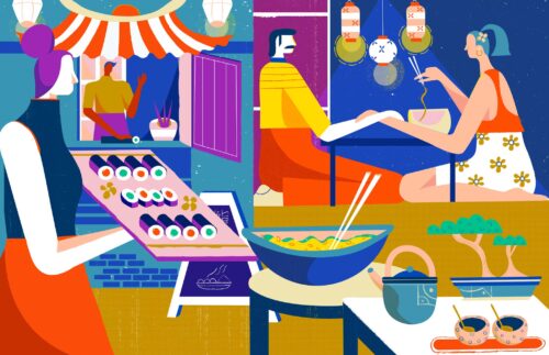 Sugar Land Town Square dining illustration by Ellice Weaver | Field of Study (FoS)